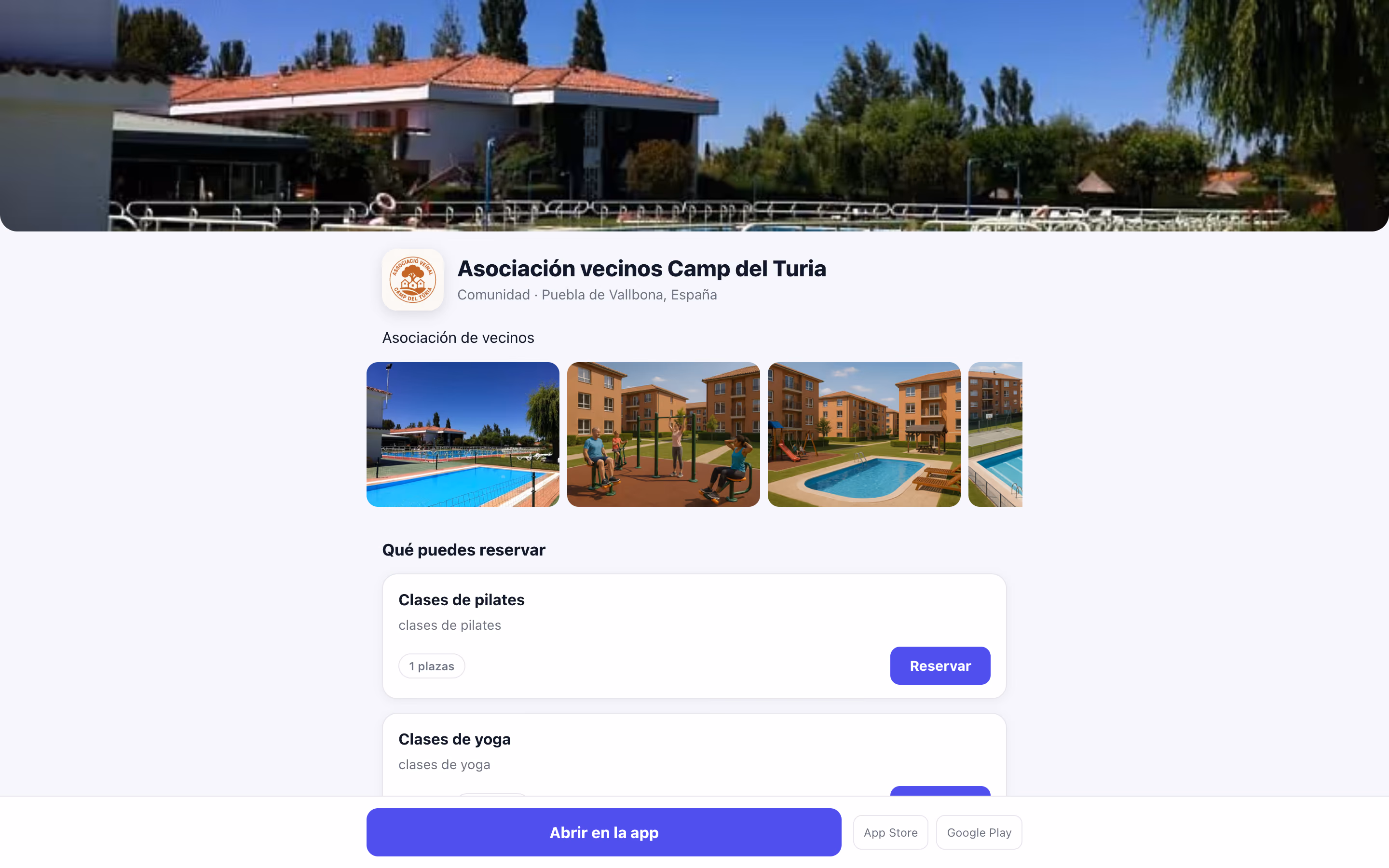 Página pública de un negocio en reserving.app con su galería y botón de reservar